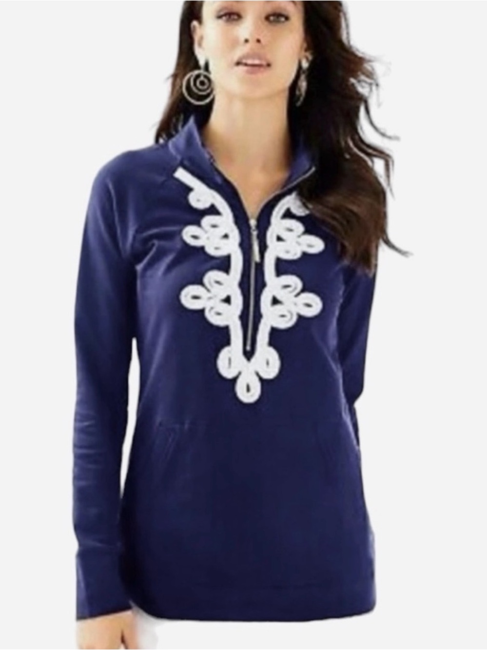Lilly Pulitzer Navy 1/2 Zipper Pullover With White Soutache Embroidery Medium